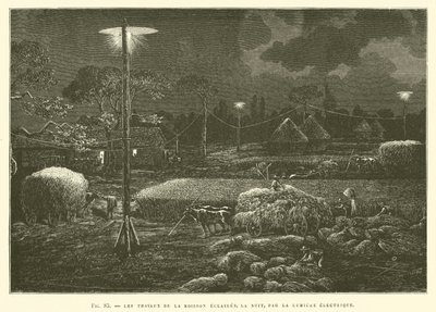 Los trabajos de la cosecha iluminados, de noche, por la luz eléctrica de French School